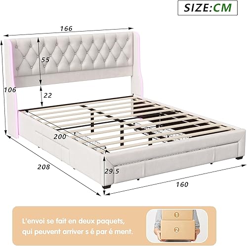 fortuna Lai Lit Coffre 160x200, Lit 2 Personnes avec LED, lit capitonné avec 3 tiroirs de Rangement, Lit Adulte Lit 2 Places, Flanelle (Beige, 160x200 cm) - Nail Gallerys