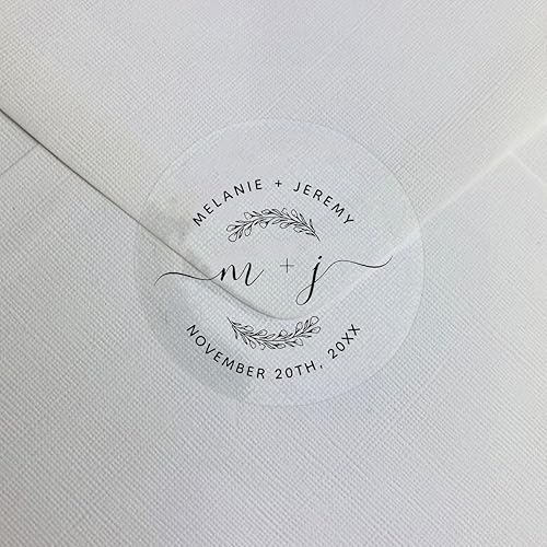 Autocollants transparents personnalisés – Monogramme floral élégant avec noms et date d'événement, transparents et imperméables, n'importe quelle forme découpée - Nail Gallerys