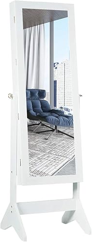 GIANTEX Armoire à bijoux avec miroir sur toute la longueur, armoire à bijoux inclinable à 3 angles, porte avec serrure, lumières LED, organisateur pour boucles d'oreilles, bagues, colliers et - Nail Gallerys