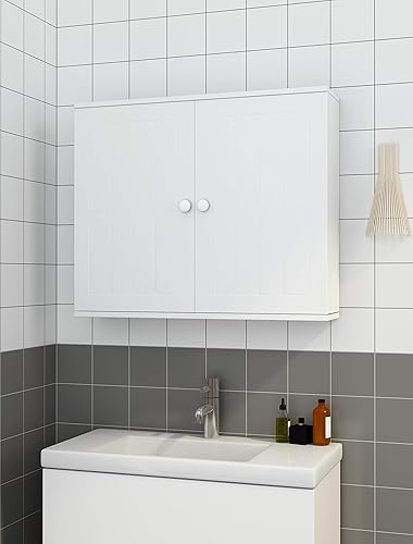 Meuble de Salle de Bain, Armoire Murale Suspendu avec 2 Portes pour Salle de Bain Couloir Salon, 60 x 15 x 50 cm, Blanc - Nail Gallerys