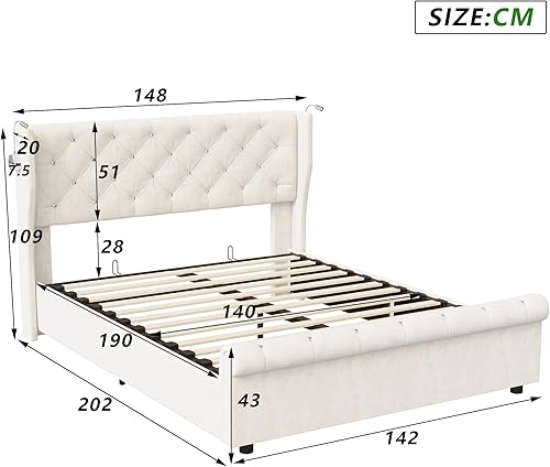 Générique Lit Coffre 140x190 cm, Cadre de lit rembourré avec sommier à Lattes, Velours, lit Fonctionnel hydraulique pour 2 Personnes avec sommier à Lattes et Espace de Rangement, Couleur Beige - Nail Gallerys