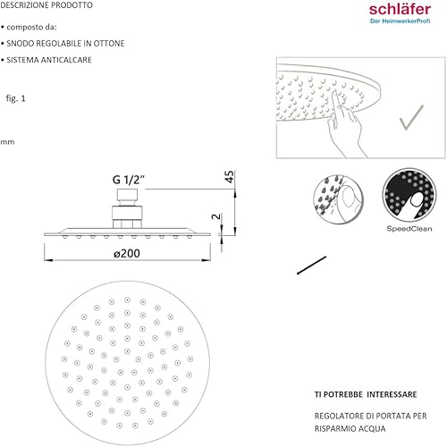 Schläfer 134800 | Pomme de douche ultra-mince en acier inoxydable ronde 20 cm anti-calcaire Pomme de douche ultra-fine, cabine de douche Pomme de douche, joint réglable universel G 1/2, chrome, argent - Nail Gallerys