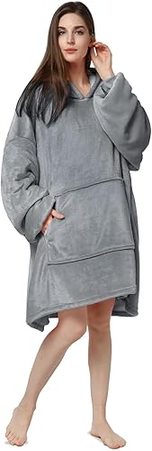 Couverture à capuche pour femme - En peluche - Chaude - Oversize - Pour avoir chaud en intérieur et en extérieur - Gris - Nail Gallerys