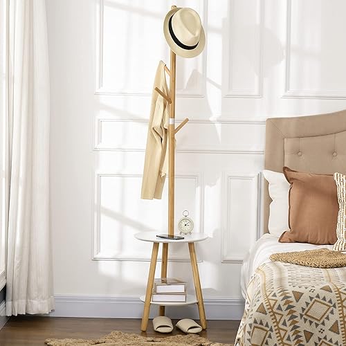 HOMCOM Porte-manteau sur pied 2-en-1 armoire d'entrée 5 crochets 2 étagères design contemporain cosy 39,5 x 39,5 x 171 cm bois de bambou massif - Nail Gallerys