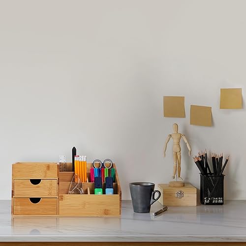 Relaxdays Organisateur Bureau, 2 tiroirs, 7 Compartiments, HxLxP: 15,5 x 33 x 20,5 cm, Espace de Travail, Bambou, Nature - Nail Gallerys