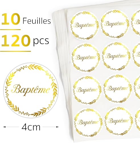 120pcs 4cm Autocollants Baptême Transparent Étiquettes Sticker Gommette Rond Feuille Lettre Or Autocollant Auto-adhésif Décoration Scrapbooking DIY pour Carte Emballage Enveloppe Fête Baptême - Nail Gallerys