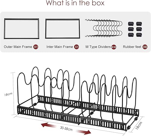 Fimghsoo Porte-casseroles Détachable Support Acier 2 en 1 Organiseur de Poêle avec 8 Compartiments Réglables Rangement de Cuisine (Noir-10 compartiments) - Nail Gallerys