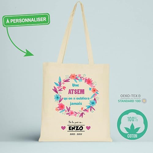 YONACREA - Sac Bandoulière - Tote Bag - Coton Biologique - Une ATSEM qu'on n'oubliera jamais - Personnalisé avec le Prénom de vos enfants - Cadeaux de fin d'Année Scolaire - Nail Gallerys