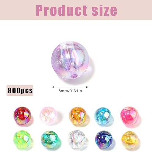 ChAusa 800 Pièces Perles Acryliques Rondes, 8mm Couleur Mélangée Perles, Perles Symphonie avec des Trous, Multicolore Perles Acryliques pour Fabrication de Bijoux DIY Bracelets Colliers Artisanat - Nail Gallerys