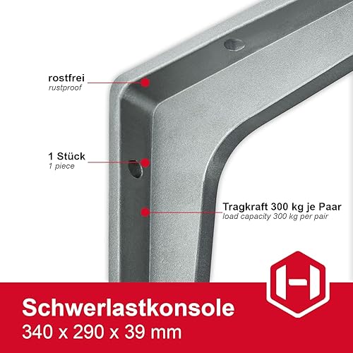 Gedotec Console lourde aluminium argent mat - Sparta | Support d'étagère pour montage mural | Dimensions : 340 x 290 x 39 mm | Capacité de charge de 300 kg | Cornière en acier | 1 Pièce - Nail Gallerys