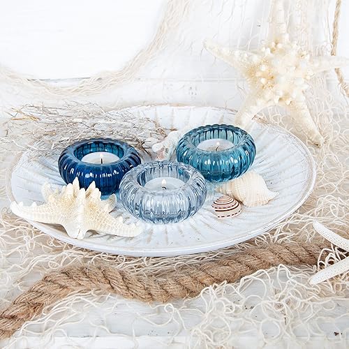 Logbuch-Verlag Lot de 3 photophores en verre bleu et blanc - Décoration de table maritime - Pour communion - Diamètre : 8 cm - Nail Gallerys
