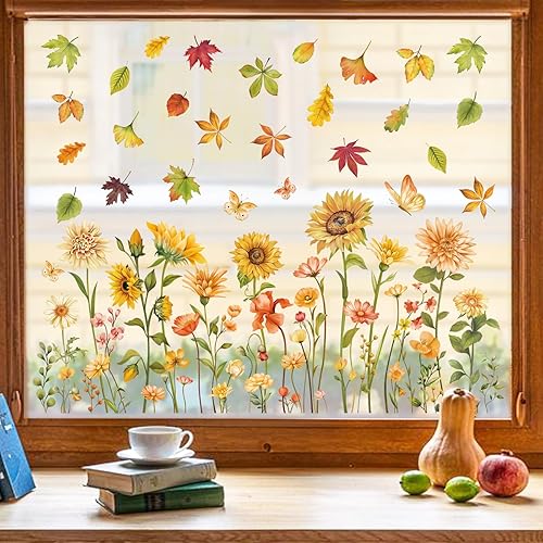 decalmile Autocollants Fenêtre Automne Fleur Feuille Anti-Collision Stickers Été Tournesol Floral Papillon Stickers Vitre Anti-Adhésifs Fenêtre Porte Chambre Décalques - Nail Gallerys