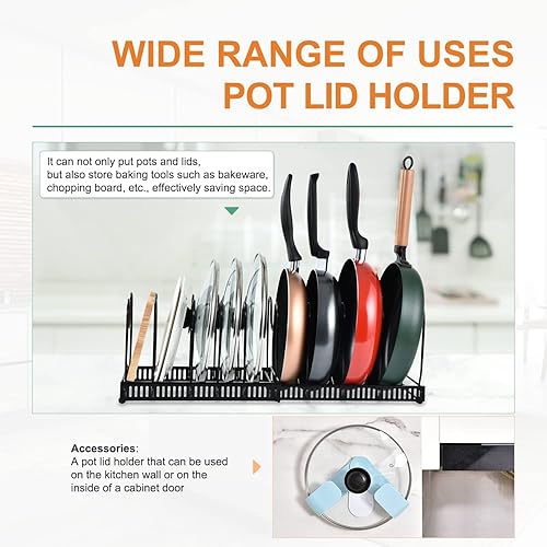 aceyoon Porte Casseroles Extensible avec 10 Compartiments Réglables, Range Couvercle pour Tiroir Cuisine Organiseur de Poêle sous Évier avec Porte Couvercle Mural Supplémentaire, Métal 30-58.5cm - Nail Gallerys