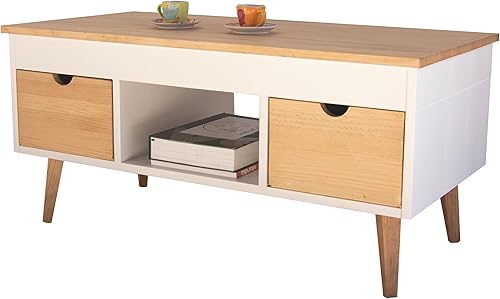 LoMasCasa Karla Table Basse relevable avec 2 tiroirs coulissants, Creux Central, Bois Massif de pin Naturel, Couleur Blanc et Bois, Pieds Coniques Dimensions 100 x 50 x 47 cm - Nail Gallerys