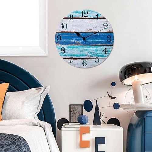Horloge murale à thème de mer - Horloge silencieuse non coiffée | Horloge murale de plage bleue côtière rustique pour chambre, salon ou bureau | Horloge de décoration nautique vintage pour la maison o - Nail Gallerys