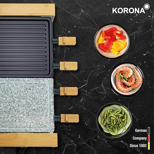 Korona 45090 Appareil à raclette pour 8 personnes | Design bambou de qualité supérieure | Avec plaques de cuisson divisées, pierre naturelle et revêtement antiadhésif | Puissance : 1300 W - Nail Gallerys