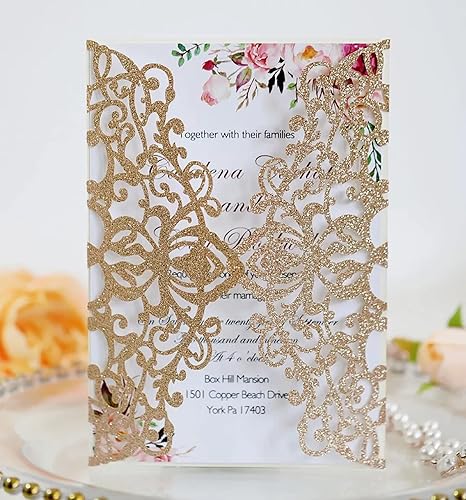 JinSu 10PCs Bling Faire-Part de Mariage, Invitation de Mariage avec Feuilles Intérieures, Enveloppes et Ruban pour Marriage, Anniversaire, Fête d'Douche Nuptiale, Célébrations et Plus (Or rose) - Nail Gallerys
