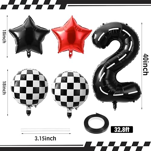 Lusofie Lot de 5 ballons en aluminium en forme de chiffre à carreaux - 107 cm - Noir et blanc - Motif voiture de course avec étoile à carreaux - Pour décoration de fête (2) - Nail Gallerys