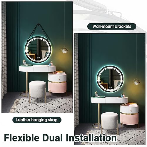 Agrichamer Miroir de salle de bain rond à LED avec anti-buée, 3 températures de couleur et intensité variable en continu, miroir mural pour lavabo avec sangle, miroir rétroéclairé sur le devant (60 cm - Nail Gallerys