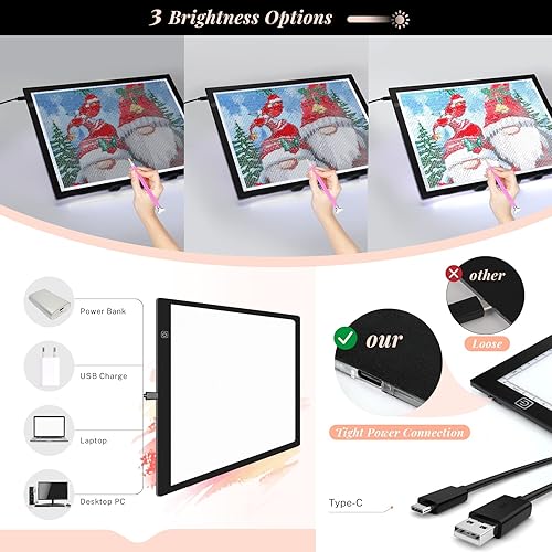 UnityStar A3 Tablette Lumineuse Dessin LED pour Broderie Diamant avec Diamond Painting Accessoires, Ultra Mince Alimentation Luminosité Réglable Tablette de Dessin à LED Diamond Painting Kit Complet - Nail Gallerys