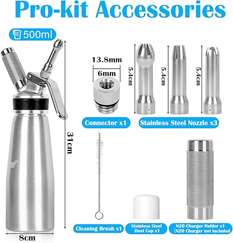 GROFIS 500ml Siphon Chantilly en Aluminium, Syphon Cuisine avec 3 Douilles en Acier Inoxydable et 1 Brosse de Nettoyage, Professionnel Siphon pour Décoration Pâtisserie Crème Glacée Desserts - Nail Gallerys
