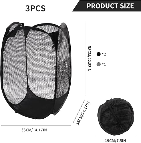 Foydream Panier à Linge, 3 Pièces Pop Up Panier Linge Sale Sac Panier à Lingerie avec Poignée pour Salle de Bains Camping Dortoir et Voyage Lingerie Noir 36 * 36 * 58 cm - Nail Gallerys