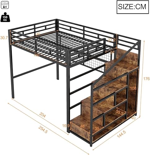 Seyakany Lit Mezzanine en métal 140 x 200 cm avec échelle de Rangement et lumières LED,lit superposé 140 x 200 avec Armoire et Grille,Espace Ouvert sous Le,Cadre de lit pour Enfant,sans Matelas,Noir - Nail Gallerys
