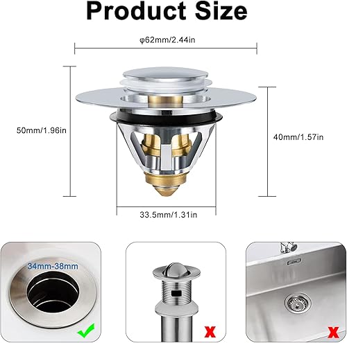 Bouchon de lavabo, Pop up Bouchon de vidage Universel, Bouchon de vidage pour lavabo à Poser avec Tamis Anti-Clogging, pour Entre Salle de Bain Cuisine lavabo Accessoire de vidage (34-38mm) - Nail Gallerys