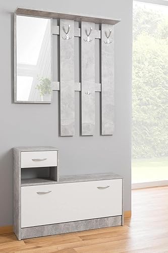 Dmora - Meuble d'entrée Clint, Hall d'entrée moderne avec miroir, Meuble avec étagère à chaussures, Meuble multifonction, 100x25h180 cm, Blanc et Ciment - Nail Gallerys