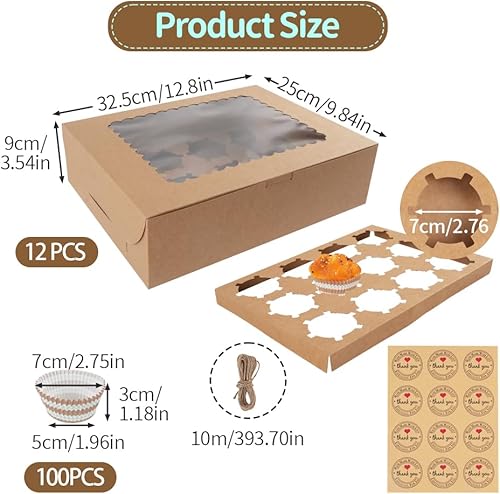 MOAMUN 12 Boîtes Cupcakes 12 Trous avec 100 Caissettes Cupcake, Autocollants et Cordes, Boite Gateau Kraft Boite a Gateau Carton avec Fenêtre, Boite Gateau Carton pour gâteaux Muffins Pâtisseries - Nail Gallerys