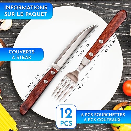 Couverts à steak Acier inox bois 12 pieces avec 6 couteaux à steak et 6 fourchettes à steak - Nail Gallerys