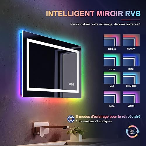 Dripex Miroir Salle de Bain Anti-Buée 80x60cm, 45Watts Miroir LED avec 8 Modes d'éclairage, RGB+Dimmable+3 Couleurs, Fonction Mémoire, lnterrupteur Tactile, Ideal pour Salon de Coiffure - Nail Gallerys