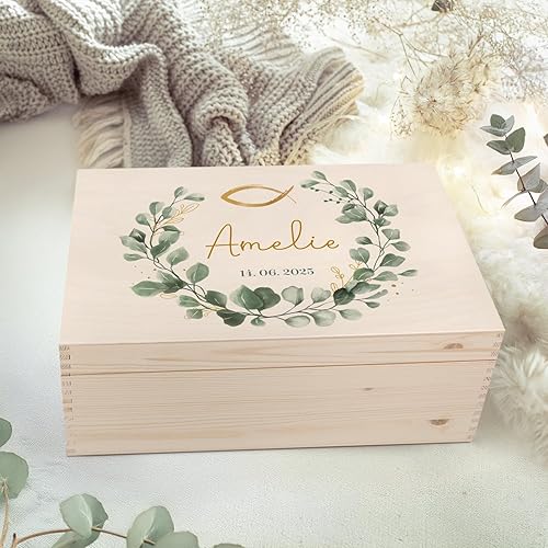 GRAVURZEILE Boîte à souvenirs imprimée - Couronne d'eucalyptus - Personnalisable avec nom et date - Boîte à souvenirs pour filles et garçons - Cadeau de communion, confirmation et baptême - Boîte - Nail Gallerys