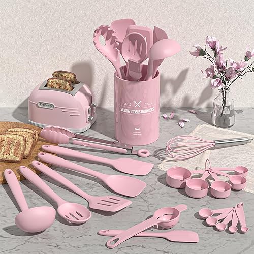 Umite Chef Lot de 22 Accessoires de Cuisine, Ustensiles de Cuisine en Silicone Résistant à la Chaleur avec Support, Antiadhésifs, Passent au Lave-Vaisselle (Rose) - Nail Gallerys
