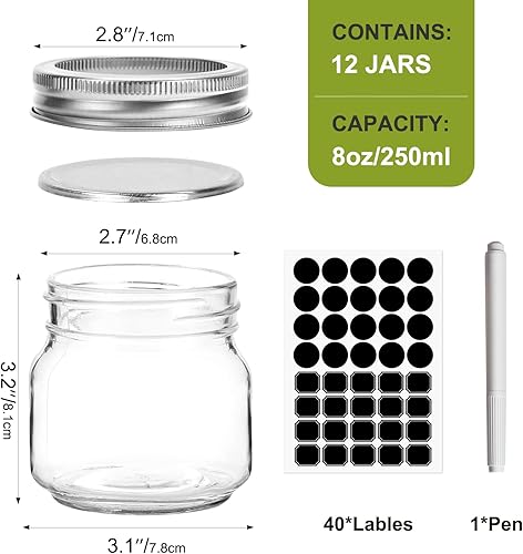 Lot de 12 bocaux Mason en verre de 240 ml avec couvercles à ouverture régulière, bocaux de rangement pour avoine, confiture, gelée, miel, haricots, épices, fête de mariage, cadeaux de douche - Nail Gallerys