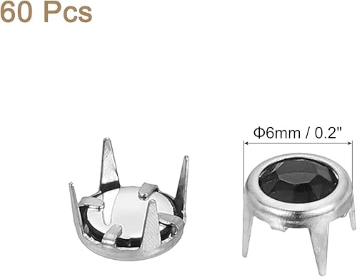 QUARKZMAN 60 Pcs Clous Strass, 6mm Rivets Ronds Perles de Griffe de Cristal Clous Pointes Punk Rivets Décoratifs pour Bricolage Artisanat Cuir Tissu Vêtements Sac Chaussures, Argenté/Noir - Nail Gallerys