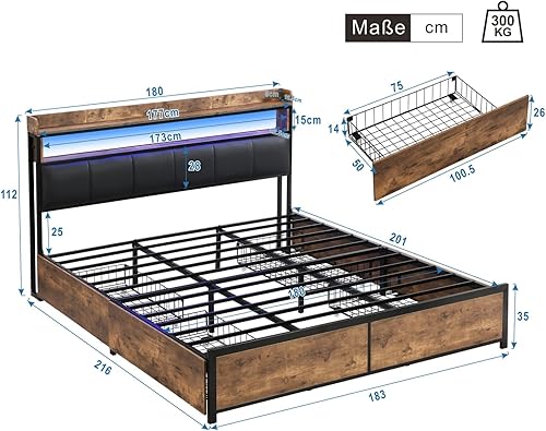 KOMHTOM Lit 2 Personnes avec LED et 4 Tiroirs de Rangement,Tête rembourrée PU,Cadre de Lit Plateforme,Sommier à Lattes,pour Adultes, Adolescents(sans Matelas) (160x200cm) - Nail Gallerys