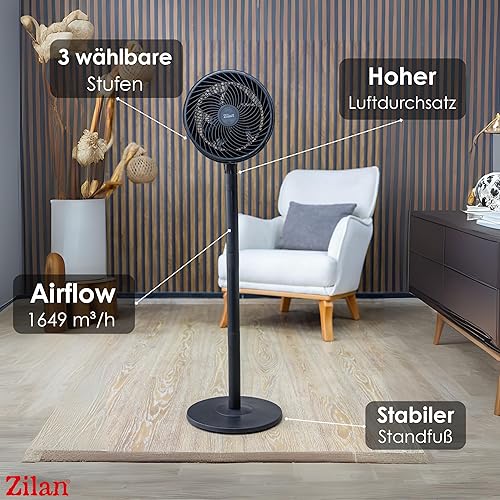Zilan Ventilateur sur pied 65 W - Très silencieux - Économie d'énergie - 3 niveaux de débit d'air élevé - Oscillant à 90° - Réglable en hauteur - Ventilateur de sol mobile - Ventilateur sur pied - Nail Gallerys