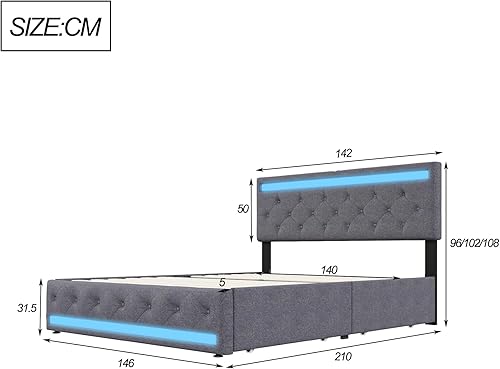 IUIBMI Lit double 180 x 200 cm, avec espace de rangement, LED, avec 4 tiroirs et fonction de charge USB, lit fonctionnel, sommier à lattes, tissu en lin, sans matelas, gris - Nail Gallerys
