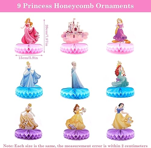 Lot de 9 décorations d'anniversaire mignonnes sur le thème de la princesse 3D, décorations de fête d'anniversaire en nid d'abeille pour décorations de table, accessoires de fête - Nail Gallerys
