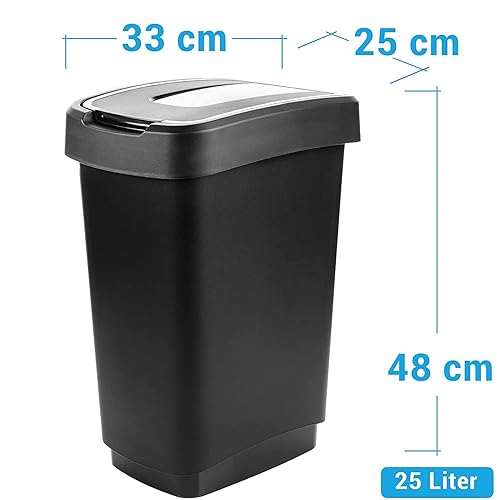 Lot de 2 poubelles de cuisine avec couvercle basculant - Tri optimal des déchets avec 2 compartiments de 50 l chacun, 56 x 29 x 39 cm - Élégant en noir/argenté - Durable et robuste - Fabriqué en UE - Nail Gallerys