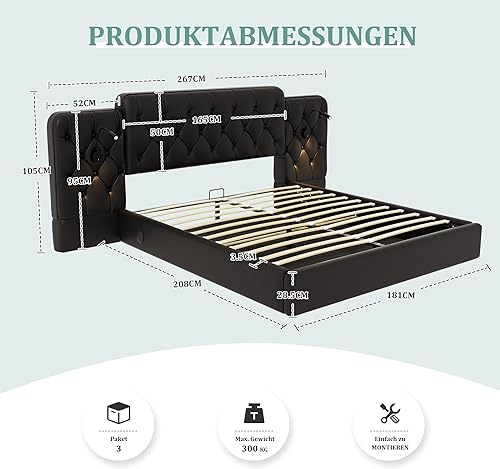 Zepneiy Lit 180x200 avec Sommier LED et USB C, Lit Coffre 180x200 avec Espace de Rangement et Longue tête de lit, Lit Double avec à Lattes, Lit Rembourré Cadre de lit 180x200 Noir (sans Matelas) - Nail Gallerys