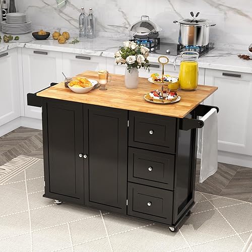 KOMFOTTEU Chariot de cuisine avec panneau pliable porté jusqu'à 50 kg, île de cuisine 43 x 136 x 91 cm, chariot de rangement en bois avec roues, multifonction et grand, noir (Noir) - Nail Gallerys