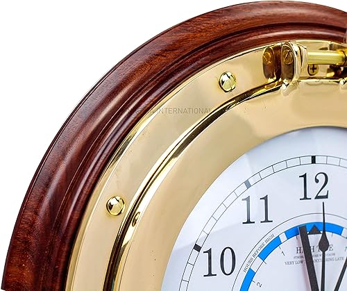 Nagina International Horloge de marée Nautique sur Socle en Bois Premium - hublot en Laiton Poli à Suspendre à décor (10 Pouces) - Nail Gallerys