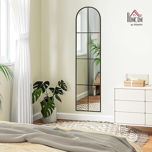 HOMCOM Grand Miroir Pleine Longueur 40 x 160 cm - Miroir Mural ou sur Pied de fenêtre arquée avec Cadre en métal, Film antidéflagrant - pour Chambre à Coucher Salon et Dressing, Noir - Nail Gallerys