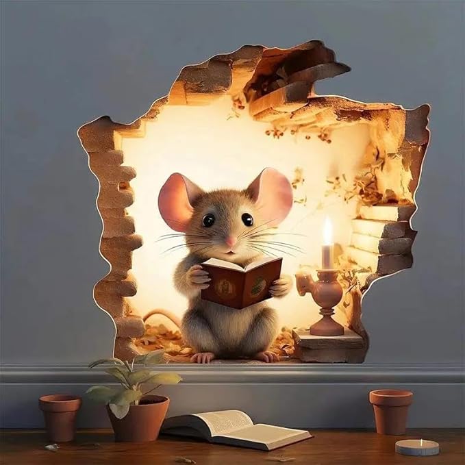Trou de souris Sticker Mural, Souris Amateur de livres du Vinyle Autocollant, Souris à la Lecture de Décor, Mignon Souris dans un Trou de Souris Autocollant - Nail Gallerys