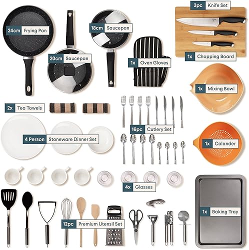 noah The Sous Chef Standard Kit de cuisine – Idéal pour les déménageurs et les étudiants – Comprend un ensemble de casseroles antiadhésives et plus encore (Vaisselle pour 4 Personnes) - Nail Gallerys