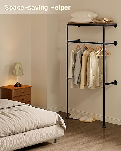 WOLTU Portant à Vêtements Mural, Penderie Industrielle en Tube d'Acier, Tringle à Vêtements avec Étagère en MDF pour Vestiaire et Garde-Robe, Noir+Marron Rustique - Nail Gallerys