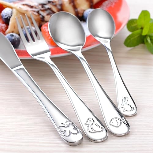 GRÄWE Lot de 4 Couverts pour Enfant avec Motifs d'animaux - en Acier Inoxydable Poli - Passe au Lave-Vaisselle - pour garçons et Filles - Cadeau de baptême - Nail Gallerys
