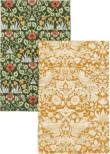 William Morris at Home Useful & Beautiful FG6847 Lot de 2 torchons de Cuisine 100% Coton Motif Fleur Rose et Jaune sur Fond doré 65 x 44,5 cm - Nail Gallerys